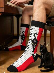 1双男女通用钢琴猫印花中筒袜，时尚百搭情侣袜，街头风，适合所有季节 - 彩色 - 查看 6