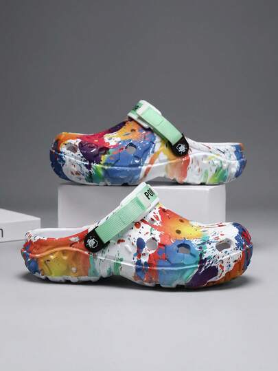 New Plus Size Men's Beach Slippers, Graffiti Design Breathable Sandals, Summer Garden Shoes, Suitable For Beach Wear