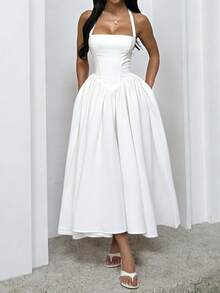 Summer Elegant Sexy Halter Beach Dress For Women, Fit For Commuting, Office, Vacation, Wedding, Date And Party - White - View 4