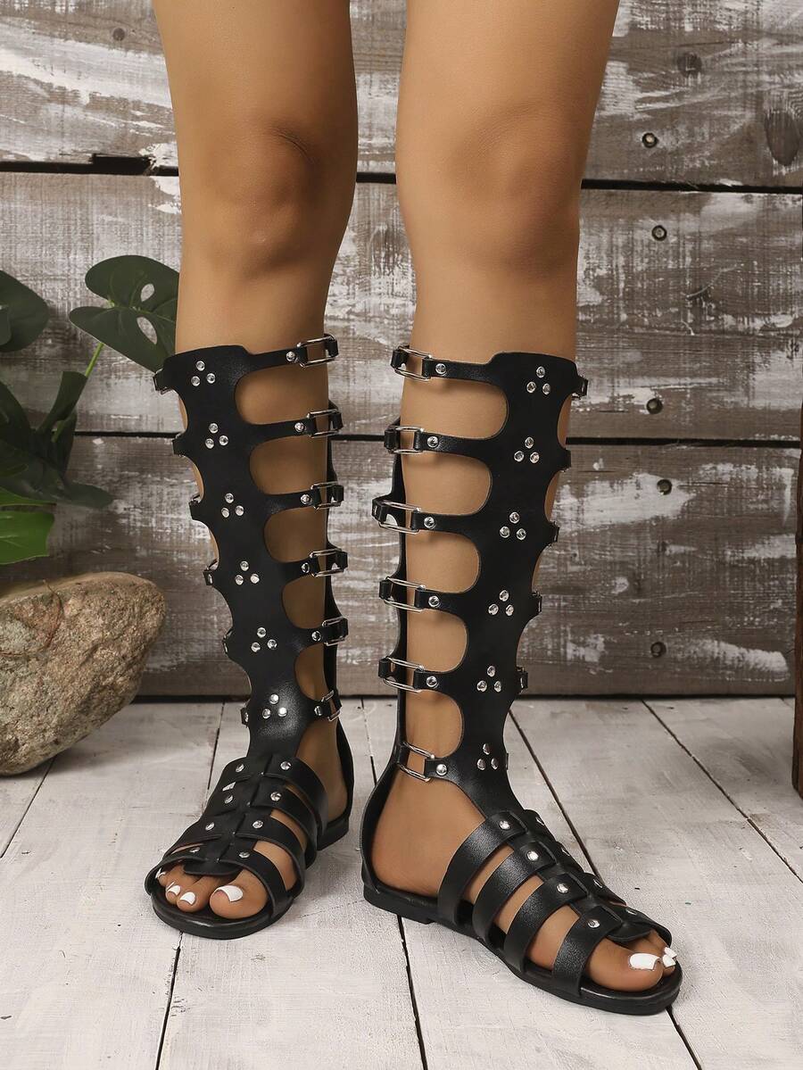 1 Pair Plus Size Women's Flat Sandals, Solid Color Fashion Punk Avant-Garde Casual Party Street PU Leather Hollow Rivet Zipper Roman Gladiator Flat Sandals For Party & Outdoor Summer - Black 1 - View 1