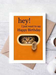 1张可爱生日贺卡，送给爱猫人士、好友、室友——猫咪偷窥的逼真插画，温馨贺卡，附信封 - A - 查看 10