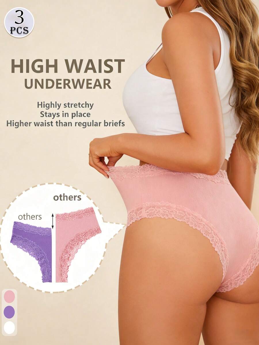 Cute Sweet Women's Lace Trim Ribbed Panties Comfortable Sexy Brazilian Style - Multicolor - View 1