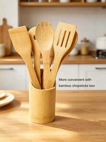 5 piezas Juego de utensilios de cocina de bambú. Juego de espátula para sartén antiadherente. Utensilios de cocina de madera, cuchara de madera, juego de utensilios de cocina de bambú, adecuado para sartenes antiadherentes con espátula y cuchara de madera, regalo de inauguración de casa de alta calidad, herramientas de cocina de madera para uso diario, material de aprendizaje. - Multicolor - Ver 2
