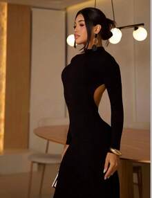 Midi-Length Dress With Long Sleeves, Open Back, Ruched Neckline, Low Collar, Flatters The Figure, Thick Fabric, Lined, Has Built-In Bra Cups. Elegant, Ideal For Various Occasions: Parties, Weddings, Events, Graduations, Dinners, Dates, Nightclubs, Birthdays, Trips, Formal And Evening Teas, Autumn, Winter. - 黑色 - 查看 4