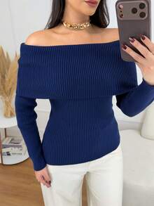 Women's Off-Shoulder Knit Sweater With Long Ribbed Sleeves, Modern Casual Style, Knitwear, Winter Fashion - Navy Blue - View 3
