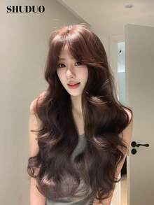 alicegarden 28-Inch Long Synthetic Wig Featuring A Natural Wavy Style In A A Stunning Chocolate-Brown. Designed With Bangs , This False Hairpiece Is Perfect For Ms Daily Party Cosplay Use, Offering A Natural And Natural Durable Wig Gift For Ladies. - Chocolate Brown - View 2