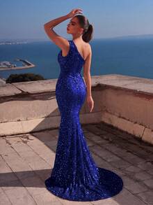Faeriesty Elegante y cautivador vestido de noche de mujer con un hombro y lentejuelas con abertura - Perfecto para eventos de alfombra roja, bodas de lujo, cenas formales, citas románticas, bailes de graduación y fiestas de cumpleaños, vestido de fiesta de primavera/verano - azul real - Ver 2