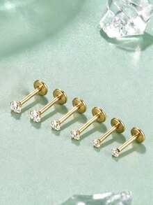 3对14K镀金CZ内螺纹平底耳钉，不锈钢低过敏性唇鼻钉，鼻孔、耳屏、耳廓软骨穿孔饰品，男女通用，返校日常佩戴 - 如圖所示 - 查看 1