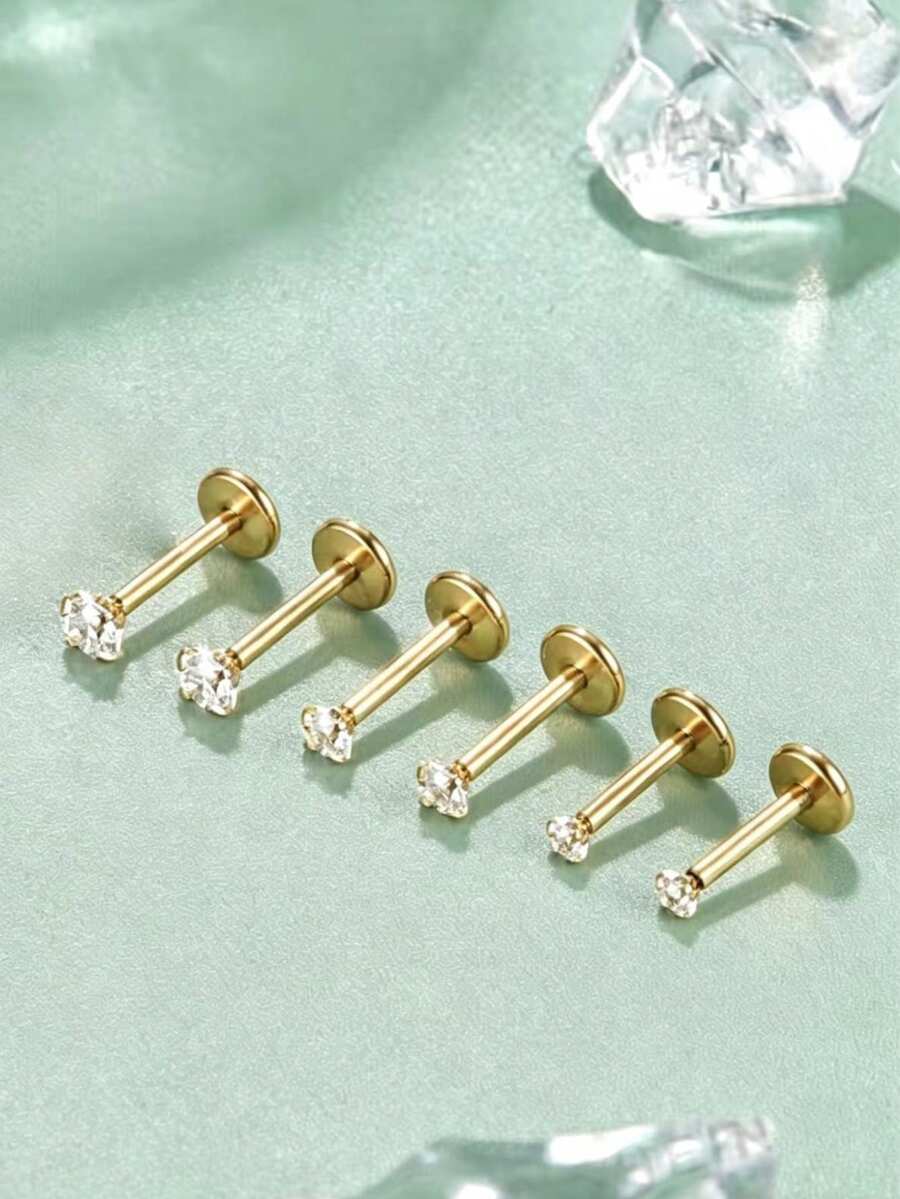 3对14K镀金CZ内螺纹平底耳钉，不锈钢低过敏性唇鼻钉，鼻孔、耳屏、耳廓软骨穿孔饰品，男女通用，返校日常佩戴 - 如圖所示 - 查看 1