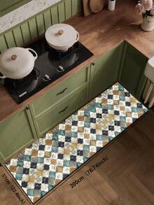 1pc Vintage-Style Moroccan Tile Pattern Silica Gel Kitchen Mat, Featuring Staggered Arrangement Of Colorful Diamond Shapes In Retro Blue, Brown, Beige, And Gold Tones, Presenting An Aged, Distressed Texture With A Blend Of Vintage And Luxurious Aesthetics. - Multicolor - View 10