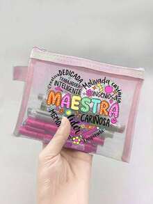 Bolsa de maquillaje con rejilla de letras Maestra, bolsa de cosméticos con cremallera y bolsillo de almacenamiento transparente con rejilla, bolsa de almacenamiento de cosméticos para mujeres, organizador de maquillaje para dormitorio universitario, bolsa de almacenamiento plegable y ligera, regalo para maestros, regalo para hermana, regalo de cumpleaños, regalo de aniversario, regalo de graduación, regalo del Día del Maestro, regalo del Día de la Madre, bolsa de maquillaje, neceser, bolsa de maquillaje, bolsa de aseo, bolsa de almacenamiento de maquillaje, gran capacidad, regalo del Día de la Madre, artículos esenciales para vacaciones, regalos para madres - Multicolor - Ver 3