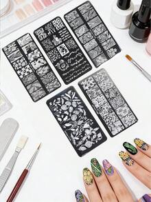 5pcs Floral & Leaf Pattern Nail Art Stamping Plates Manicure Tools - Silver - View 1