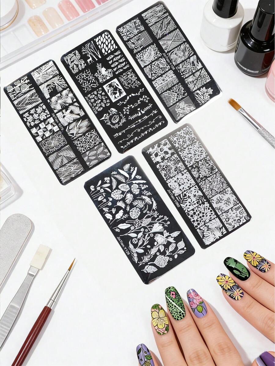 5pcs Floral & Leaf Pattern Nail Art Stamping Plates Manicure Tools - Silver - View 1