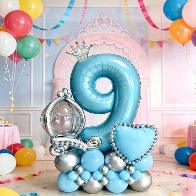 32-Inch Blue Number Balloon, Silver Crown Decor, Magic Mirror Balloon, Blue & Silver Heart Balloon, And Latex Balloon Combo, Suitable For Frozen-Themed Birthday Party, Princess-Style 1st Birthday Decoration, Children's Birthday Photo Backdrop, Girls' Growth Celebration, Parent-Child Party Atmosphere, Easily Create A Fairy Tale-Like Frozen Princess Party Scene