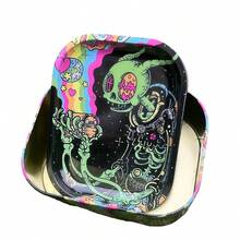 1 Set 2-In-1 Metal Tray Box, Premium Holographic Printed Tray, Metal Tray, Herb Rolling Tray, Beginner Decorative Box, Desktop Storage Box - Lỗ đôi màu đen - Xem 2