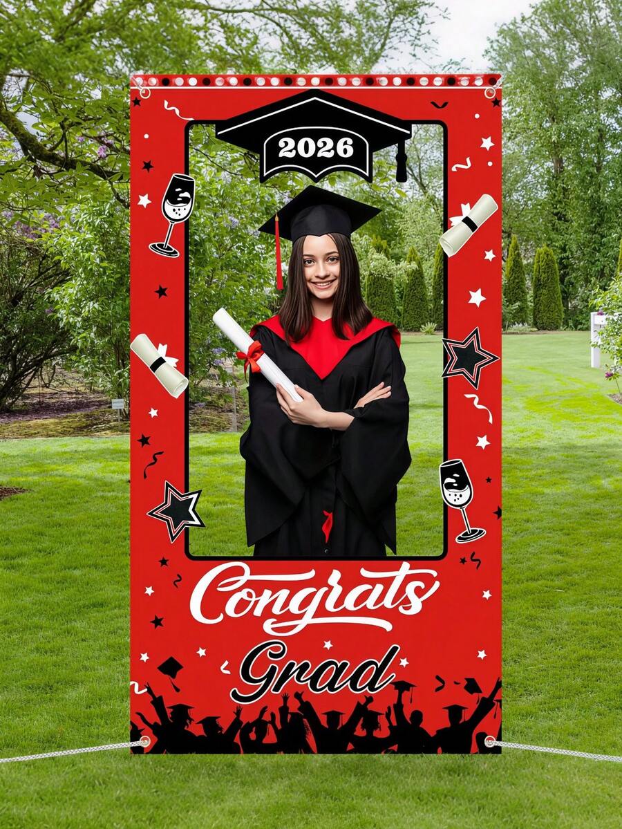 2026 Graduation Photo Studio Frame, Red "Congratulations On Your Graduation" Selfie Banner Background, Graduation Backdrop, Graduation Decor, High School/University Graduation Party Decoration, Photography Props - Graduation Photo Props (red) - View 1