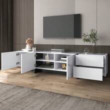 Meuble TV bas à pieds en blocs blancs et noirs brillants, avec portes et tiroirs, portes avec étagères. Design linéaire et épuré. - Blanc - Voir 6