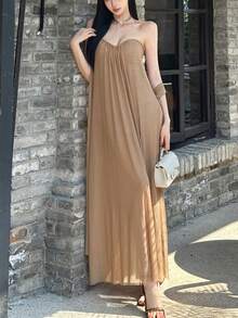 Đầm dự tiệc dài ôm sát, không dây vai, hở lưng, chất liệu vải dệt kim bóng bẩy, sang trọng dành cho nữ. - Màu Khaki - Xem 4
