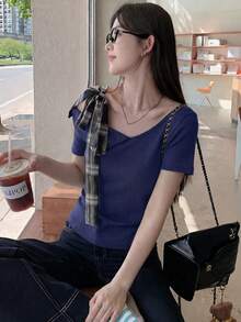 不对称蝴蝶结设计露肩短袖T恤，修身剪裁，适合夏季女士叠穿 - 藏蓝色 - 查看 6