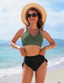Women's High Waisted Bikini Sets, Crisscross Tie Back Drawstring Tummy Control Two Piece Swimsuits Bathing Suit - 黑綠色 - 查看 2