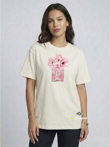 Tshirt Feminina Estilosa Estampada Perfume Floral Lançamento Camiseta 100% Algodão Camisetão Solta Oversized Plus Size Camiseta - Outono inverno - Estampaê - Creme - Visão 1