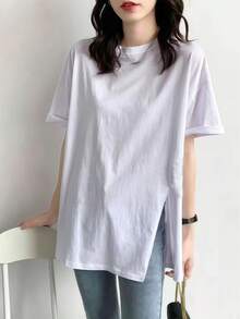 Áo thun nữ dáng rộng xẻ tà, kiểu dáng thường ngày, màu trắng, tay ngắn, màu sắc tươi tắn, đa năng, thích hợp mặc mùa hè. - trắng - Xem 3