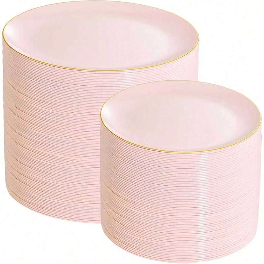 50/25/10/1pcs Pink Single Gold Rim Dinnerware, 7.5"/10.25" Food Trays, Fruit Salad Plates, Dinner Plates, Reusable Washable Salad Plates, Suitable For Wedding Decor, Mother's Day, Father's Day, Birthday Party, Family Gathering, Outdoor Team Building, School, Restaurant And Kitchen Serving Platters