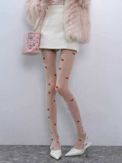 Cute & Playful Strawberry Patterned Sheer Pantyhose, Lace Jacquard Skinny Tights For Women