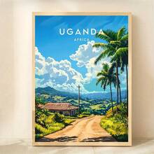 Unframed Poster - 1 Piece Of Unframed Canvas 30.48x40.64 Cm - Ugandan Africa Landscape Wall Art With Vibrant Tropical Scenery, Palm Trees And Rural Road, Detailed Poster For Home, Office Or Cafe, African Decor, Scenic Illustration In Vivid Colors, 2D Flat, Ideal For Room Decoration - 無框 - 查看 1