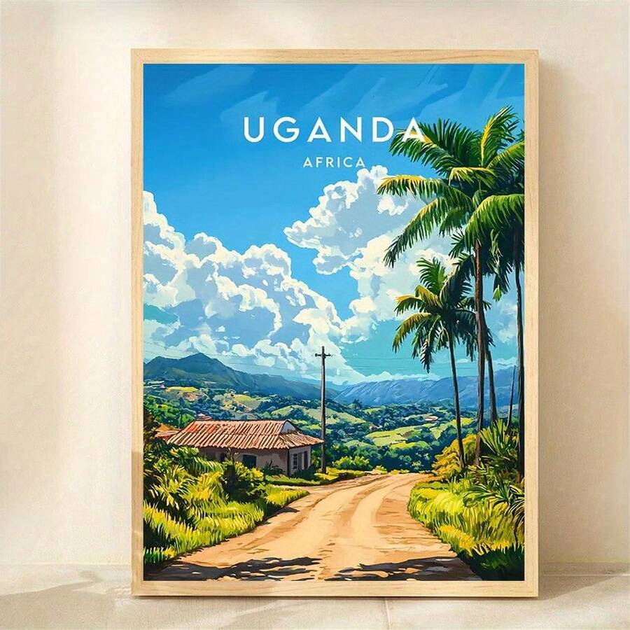 Unframed Poster - 1 Piece Of Unframed Canvas 30.48x40.64 Cm - Ugandan Africa Landscape Wall Art With Vibrant Tropical Scenery, Palm Trees And Rural Road, Detailed Poster For Home, Office Or Cafe, African Decor, Scenic Illustration In Vivid Colors, 2D Flat, Ideal For Room Decoration - 無框 - 查看 1