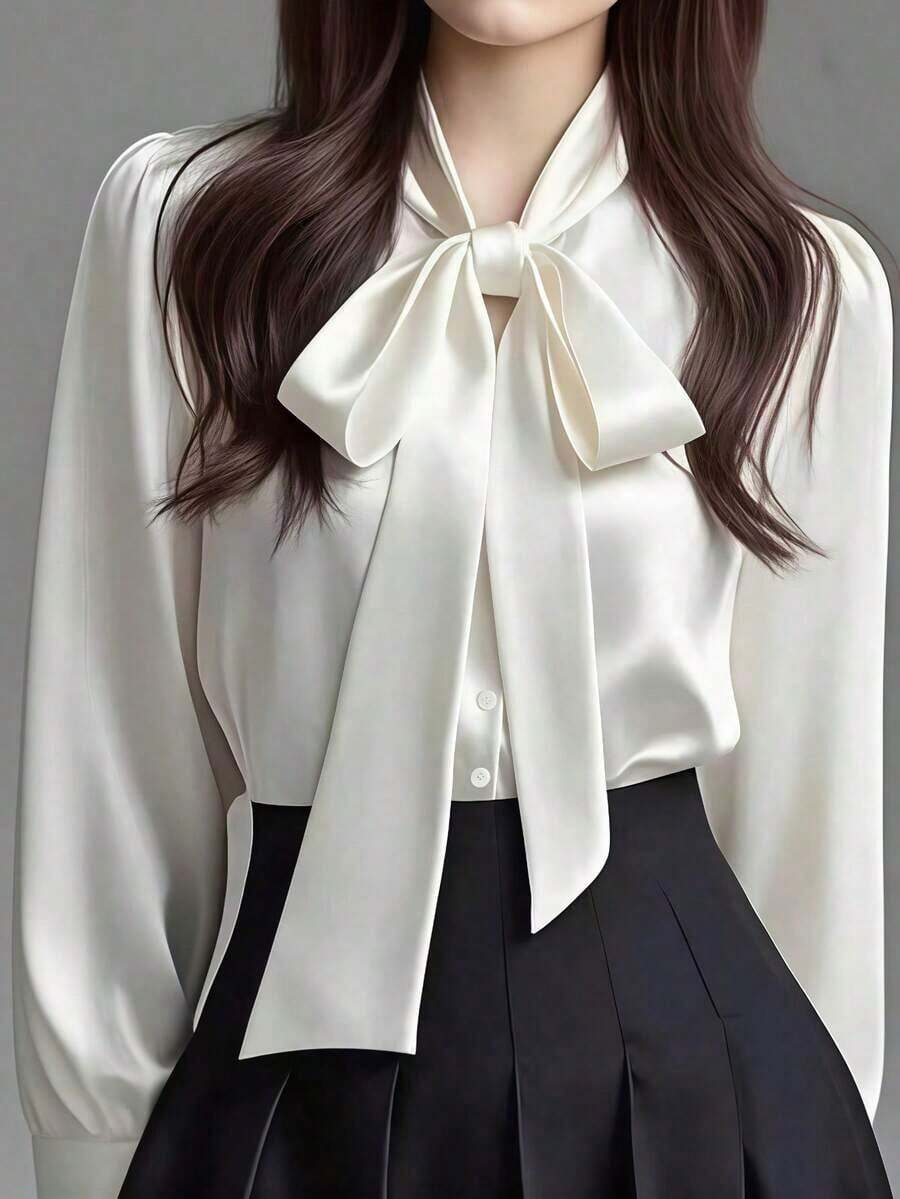 Camisa casual de manga larga de satén blanco elegante para mujer, blusa versátil para ir al trabajo con detalle de cuello con lazo - unicolor apto para todas las estaciones, lavable a máquina, no transparente, tela suave y transpirable, textura de satén refinada, corbata de unicolor para la oficina y uso diario en primavera - Blanco - Ver 1