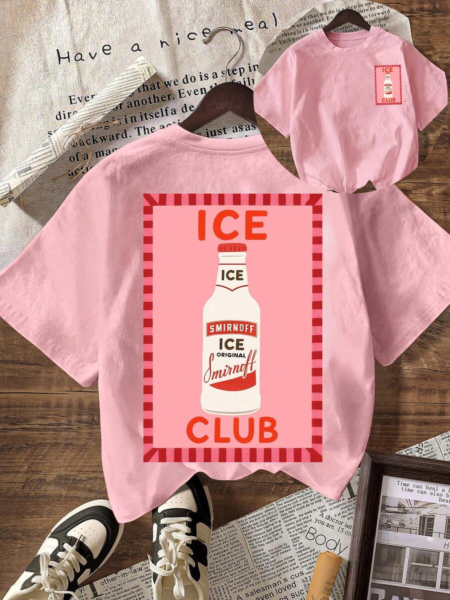 Women's Round Neck Letter Print Casual Versatile Daily Wear Short Sleeve T-Shirt Summer - Baby Pink - View 1