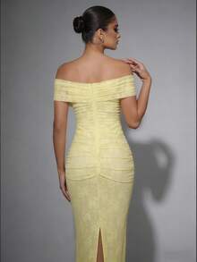 Women's Elegant Lace Ruched Slit Bodycon Open Shoulder Long Party Evening Dress, Suitable For Daily And Special Occasions Wedding Spring - Light Yellow - View 7