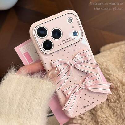 GUCADI 草莓粉 3D 蝴蝶结韩版手机壳，适用于 17 Pro Max、Apple 16 等机型，软壳设计，3D 条纹蝴蝶结，也适用于 13、15、14 英寸机型，甜美少女风、创意几何、小众风、软妹风、ins 风