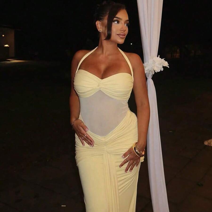 Halter Ruched Mesh Panel Maxi Dress, Elegant Evening Party Gown For Dating, Summer Island Vacation & Birthday | Quick Ship - 黃色 - 查看 1