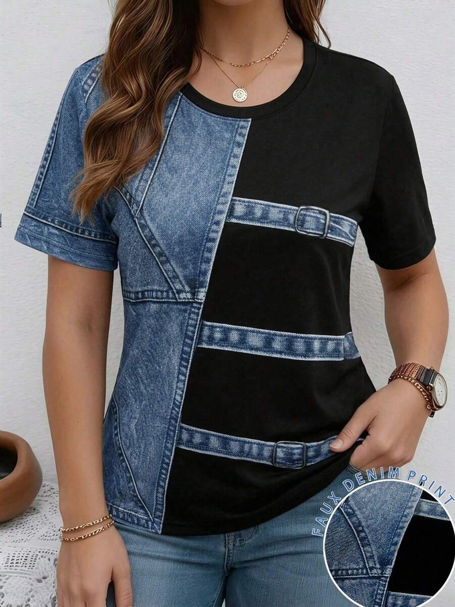 Áo thun nữ dáng rộng cổ tròn thanh lịch kiểu retro, in họa tiết giả denim, thoải mái và đa năng, phù hợp cho các hoạt động hàng ngày, đi làm, họp mặt ngày lễ, công sở, mua sắm đường phố, du lịch, kỳ nghỉ và các dịp khác. Áo thun in hình dành cho nữ, áo thun ngắn tay hàng ngày, áo thun dệt kim, áo thun mùa hè cho nữ, trang phục cần thiết cho mùa hè. - Nhiều màu - Xem 1
