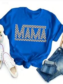 Women's-ShirtPAYEAH 1pcs Cotton Mama Letter Print Crew Neck-Shirt - Soft Mid-Elasticity Polyester Short Sleeve Top Spring & Summer - Relaxed Fit, Casual, Alphabets Pattern, Positioning Printing, Regular Length, Knit Fabric, All Seasons Wear Heavy Cotton ShirtFashionable Women's Clothingshirts,Clothes,White Top,Graphic Tee,Suitable Gym, Workouts, Everyday Casual Wear, And Street Style. Summer Outfits For Women - Màu xanh lam - Xem 6