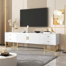 TV Unit, Low Panel With Textured Door, TV Unit With Drawers, Gold Handles And Gold Legs. - White - View 2