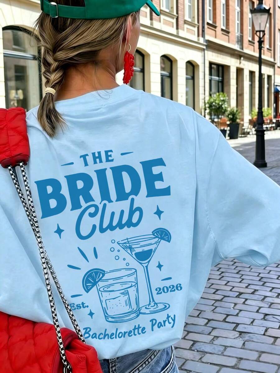 1件女款夏季寬鬆短袖T恤上衣,Bride Club單身派對圖案印花T恤,可愛女裝上衣,女性度假節慶優雅休閒夏裝 - 淺藍色 - 查看 1