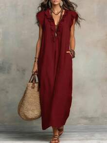 European And American 2026 Spring/Summer New Bohemian Flutter Sleeve Floor-Length Dress - màu đen - Xem 11