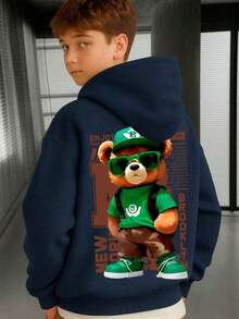 Kids' Kangaroo Hoodie With Bear Print, Cotton, Comfortable, Various Colors And Sizes - 藏蓝色 - 查看 2