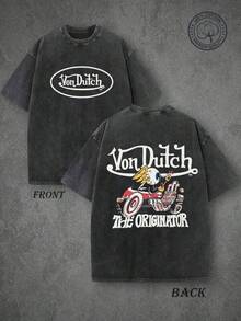 Vons Dutchs The Originator Flying Eyeball Hot Rod Vintage Washed T-Shirt, Retro Kustom Kulture Graphic Tee, Double-Sided Print, High Quality T-Shirt, Classic Washed Shirt, Washed Pure Cotton T-Shirt, Casual Style, Perfect Gift Choice, Comfortable, Fashion Street Style Pure Cotton T-Shirt. - Black - View 1