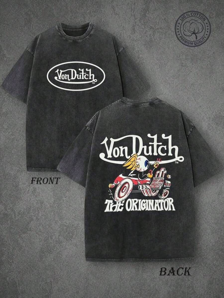 Vons Dutchs The Originator Flying Eyeball Hot Rod Vintage Washed T-Shirt, Retro Kustom Kulture Graphic Tee, Double-Sided Print, High Quality T-Shirt, Classic Washed Shirt, Washed Pure Cotton T-Shirt, Casual Style, Perfect Gift Choice, Comfortable, Fashion Street Style Pure Cotton T-Shirt. - Black - View 1