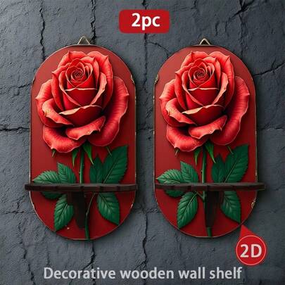 2件套木质壁挂式烛台架，多功能壁挂式收纳展示架，以花卉背景上色彩缤纷的蜂鸟为特色，复古装饰艺术风格2D插画，兼具装饰性和实用性。