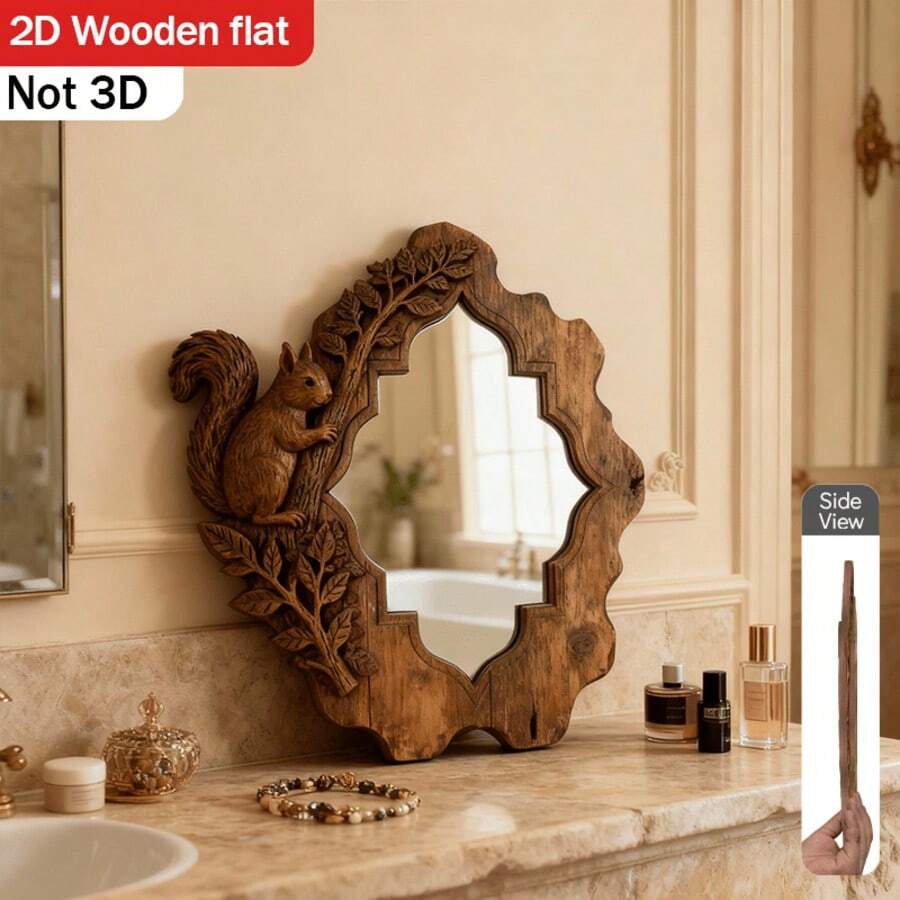 1 chiếc gương trang điểm treo tường bằng gỗ in hình sóc, gương treo tường in hình sóc, thích hợp trang trí phòng khách, phòng ngủ, phòng tắm, quà tặng sáng tạo. - 1PC - Xem 1