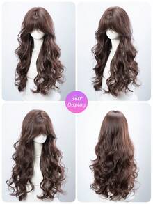 alicegarden 28-Inch Long Synthetic Wig Featuring A Natural Wavy Style In A A Stunning Chocolate-Brown. Designed With Bangs , This False Hairpiece Is Perfect For Ms Daily Party Cosplay Use, Offering A Natural And Natural Durable Wig Gift For Ladies. - Chocolate Brown - View 8