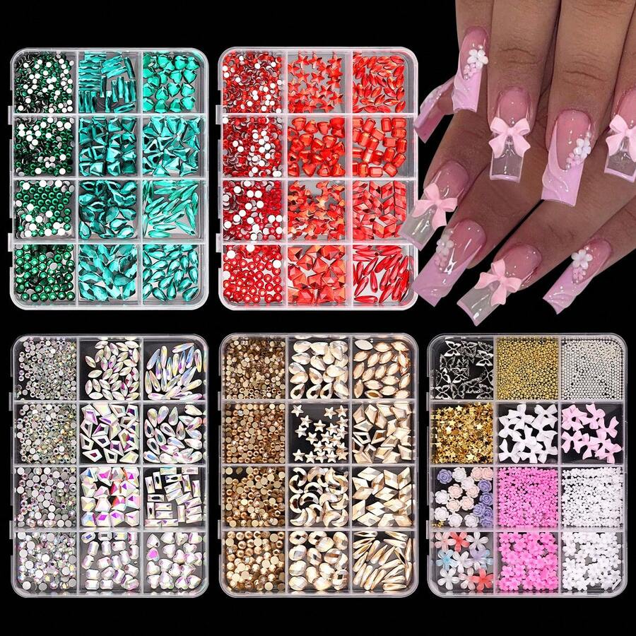 12 Slots Colorful 5-Petal Flower Nail Art Decorations, Flat Rhinestone Set Box, Steel Bead Resin DIY Nail Accessories - B - View 1