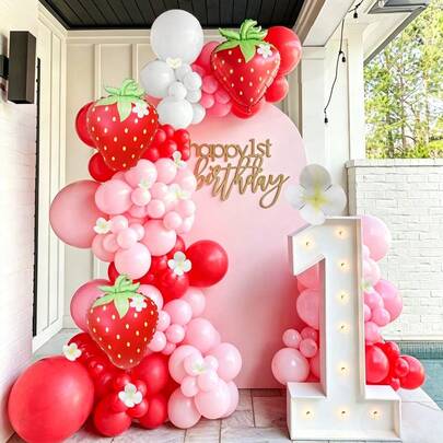 94pcs/Set Strawberry Red & Pink Balloon Arch Kit, Includes Macaron Pink, Red, White Latex Balloons, Strawberry Foil Balloons, Suitable For Princess Decor Party, Birthday Theme Party, Photo Booth Props, Baby Shower, Strawberry Theme Party Decoration, Sweet Fruit Theme Party Decor