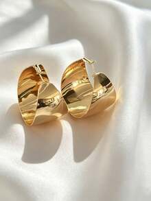 1对复古扇形大耳环，金属镜面效果夸张耳环，百搭通勤时尚耳环 - 金色 - 查看 3