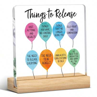 Tấm bảng acrylic để bàn hình quả bóng bay "Những điều cần thả" kèm đế gỗ, trang trí về sức khỏe tinh thần và tình yêu bản thân dành cho nhà trị liệu và văn phòng, món quà sinh nhật và nâng cao nhận thức về sức khỏe tinh thần hoàn hảo.